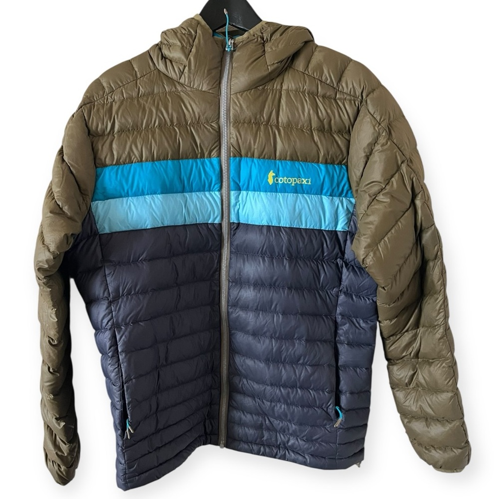 ‼️SOLD‼️ Cotopaxi Men's Fuego Hooded Puffer Jacket - Olive, Navy & Teal Stripes - Picture 5 of 11